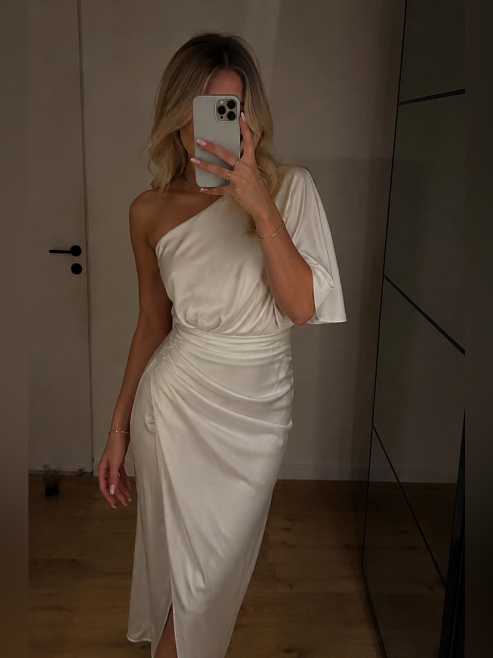 DO+BE One-Shoulder White Satin Midi Dress Bridal Engagement Cocktail Dress